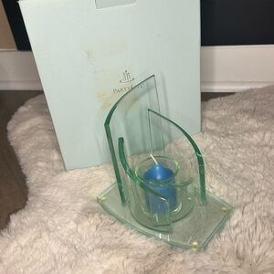 PartyLite Green Glass Candle Holder with Blue Candle